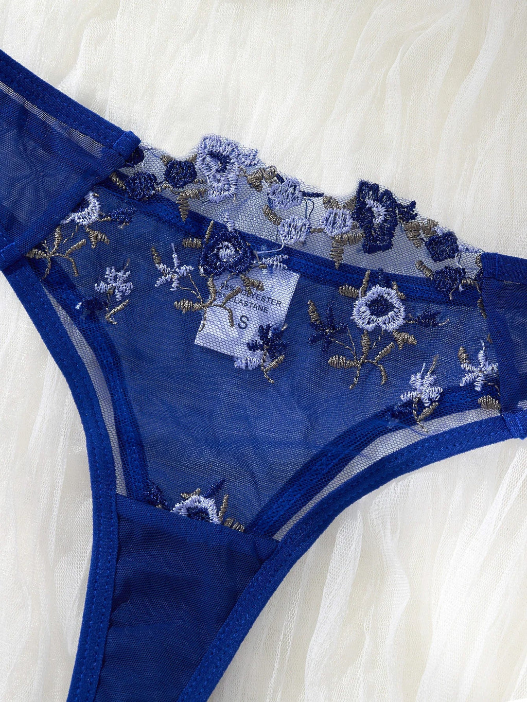 Women's Royal Blue Floral Embroidery Lingerie Set Half Cup Push Up Bra And Thong Sheer Mesh Lace Comfortable SexyUnderw ZA824026