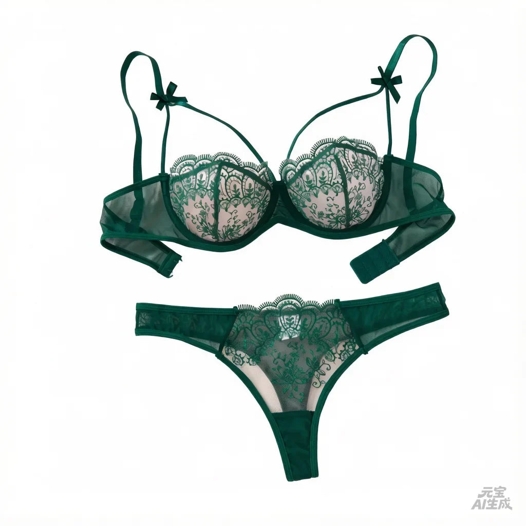 Green Floral Lace Lingerie Set Sheer Mesh Underwire Bra With Bow & Thong Women Sexy Underwear ZA824057
