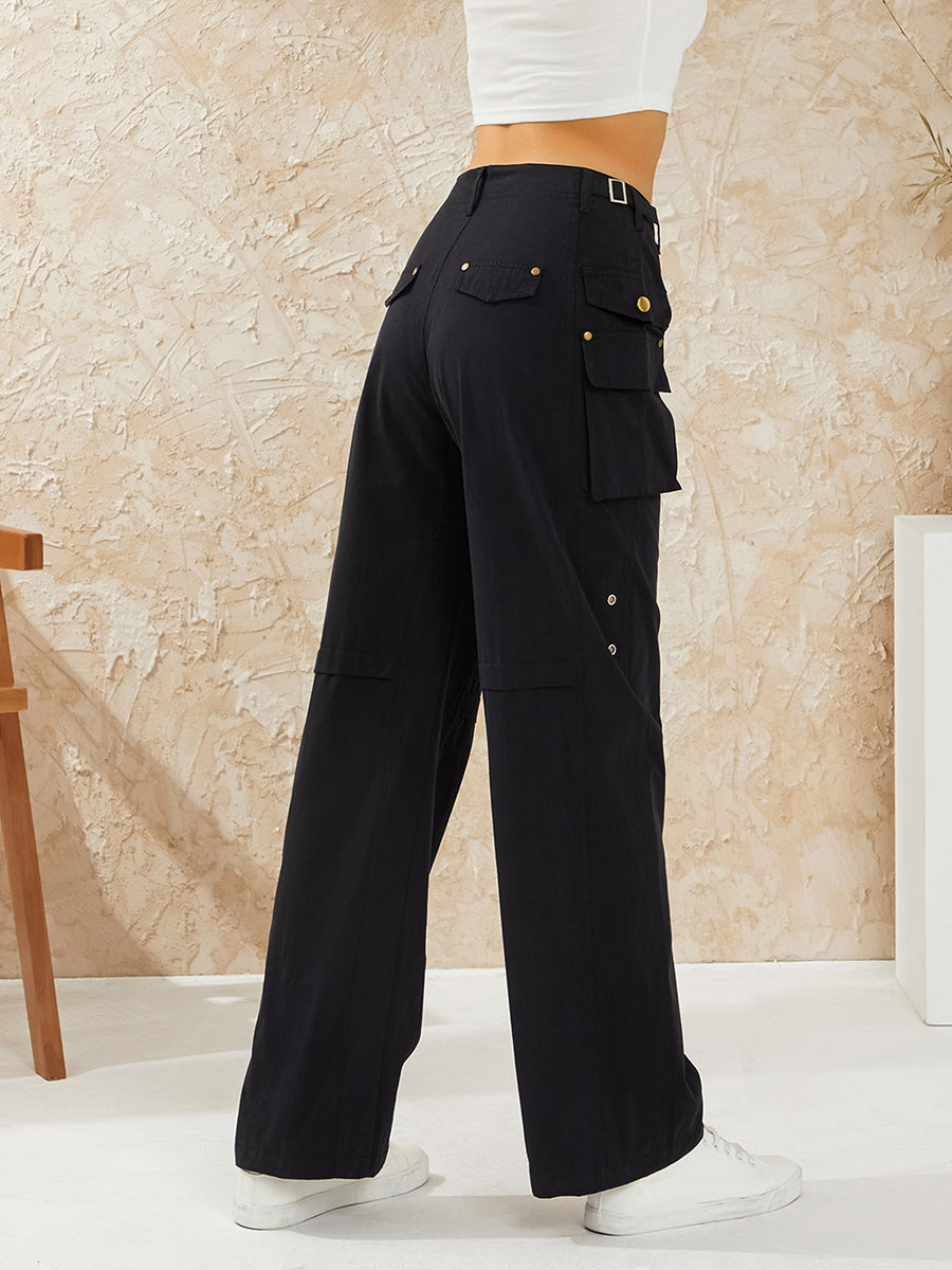 Women Solid Color Loose Cargo Pants Zipper Button Closure Casual Street Trousers with Pockets Black/Khaki/Wine red/Army Green