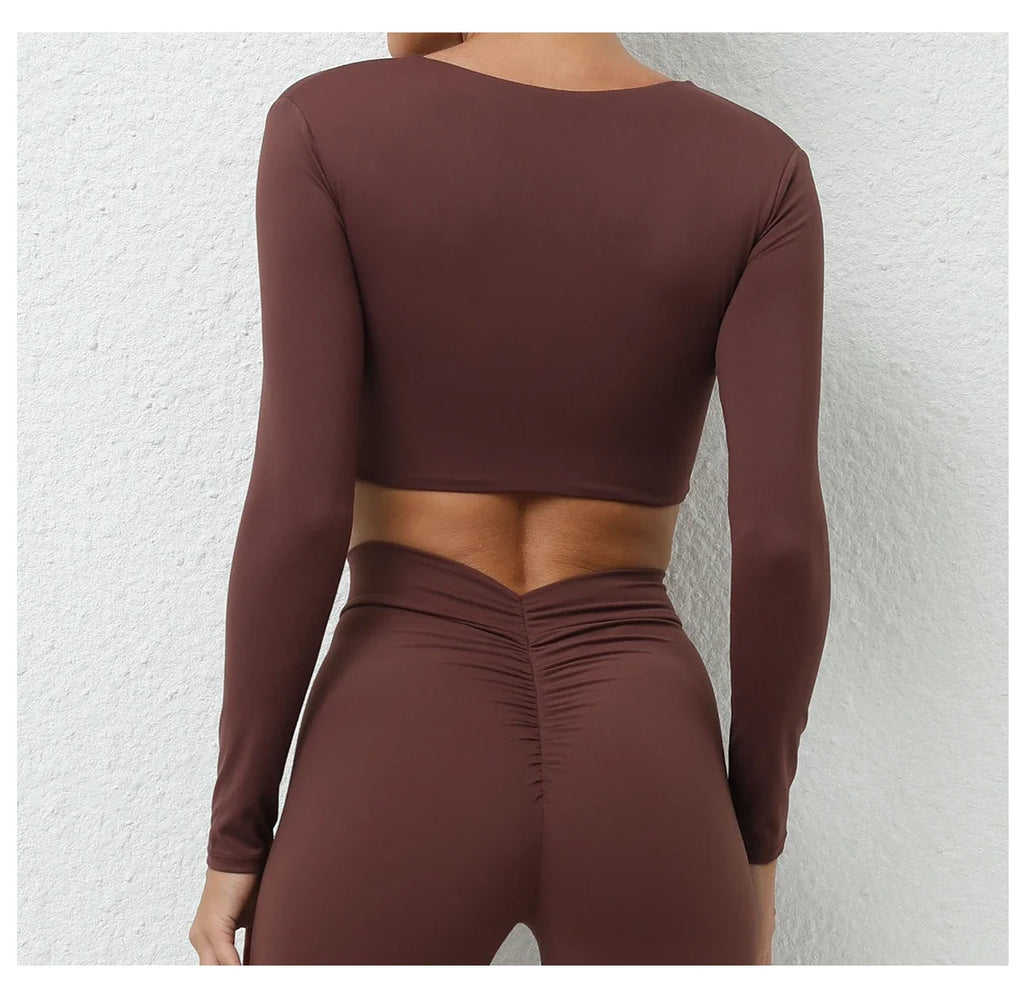 Long Sleeve Gym Crop Tops for Women Twist Deep V Workout Quick Dry Padded Sports Fitness Yoga T-Shirt