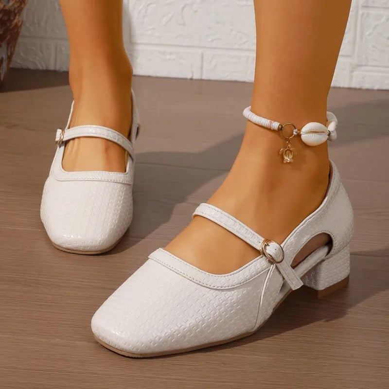 Extremely Comfortable French Shoes For Women Spring Summer Hollow Weave Square Toe Medium Chunky Heel Leather Beige Sandals