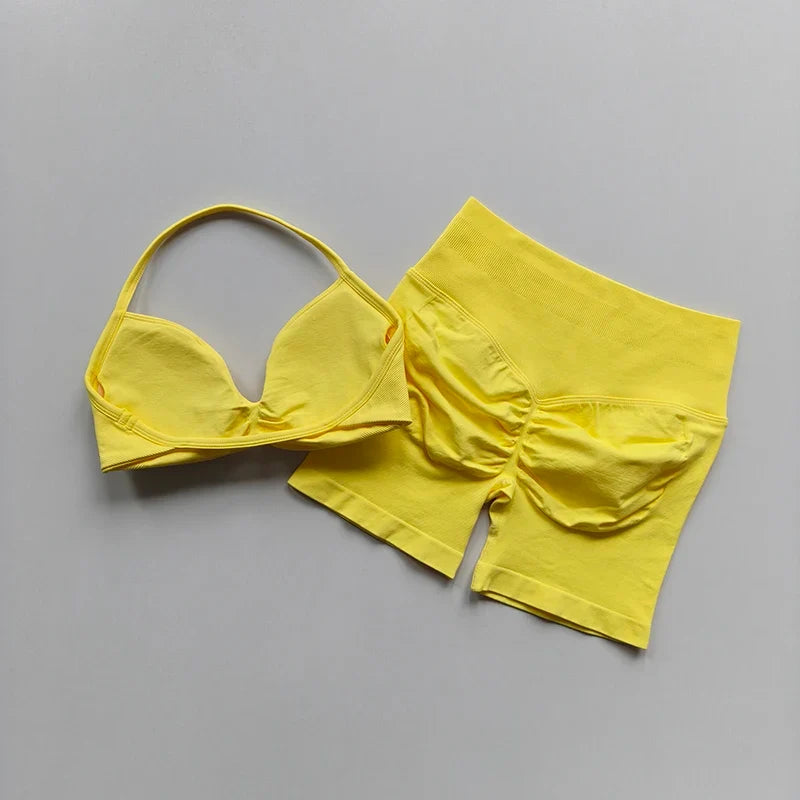 2PCS Backless Sports Bra High-Waisted Yoga Shorts Set Sexy Neck Hanging Design Abdomen Hip Lifting Fitness Outfit