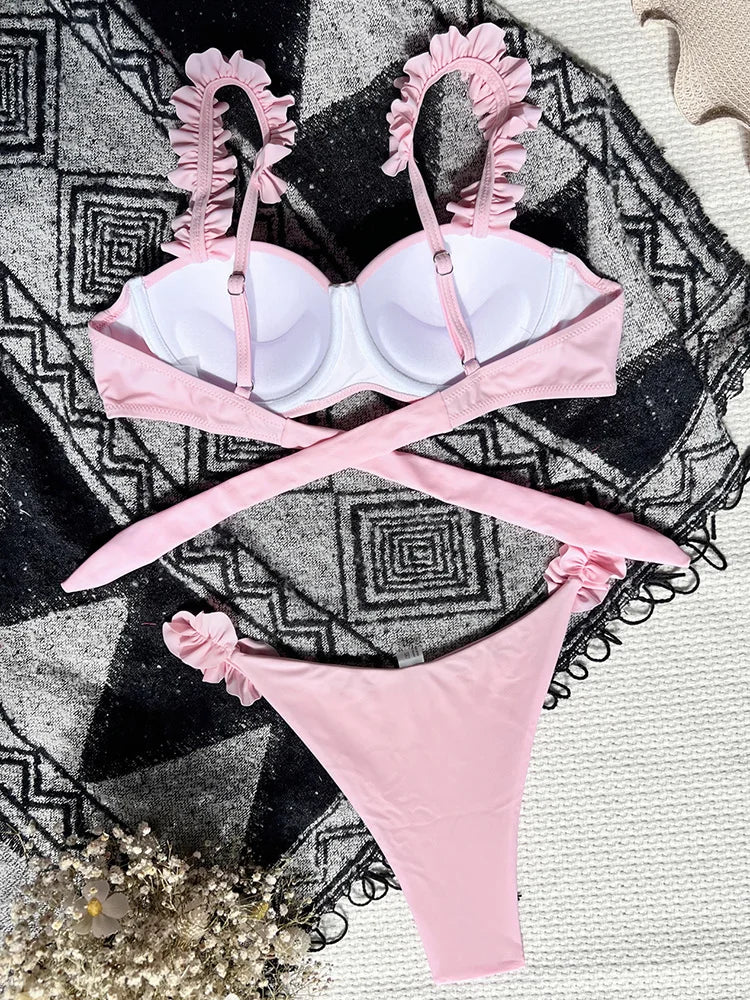 Underwired Bra Cup Ruffled Frill Bikini Women Swimsuit Female Swimwear Two Pieces Bikini Set Push Up Bathing Suit Swim Beachwear
