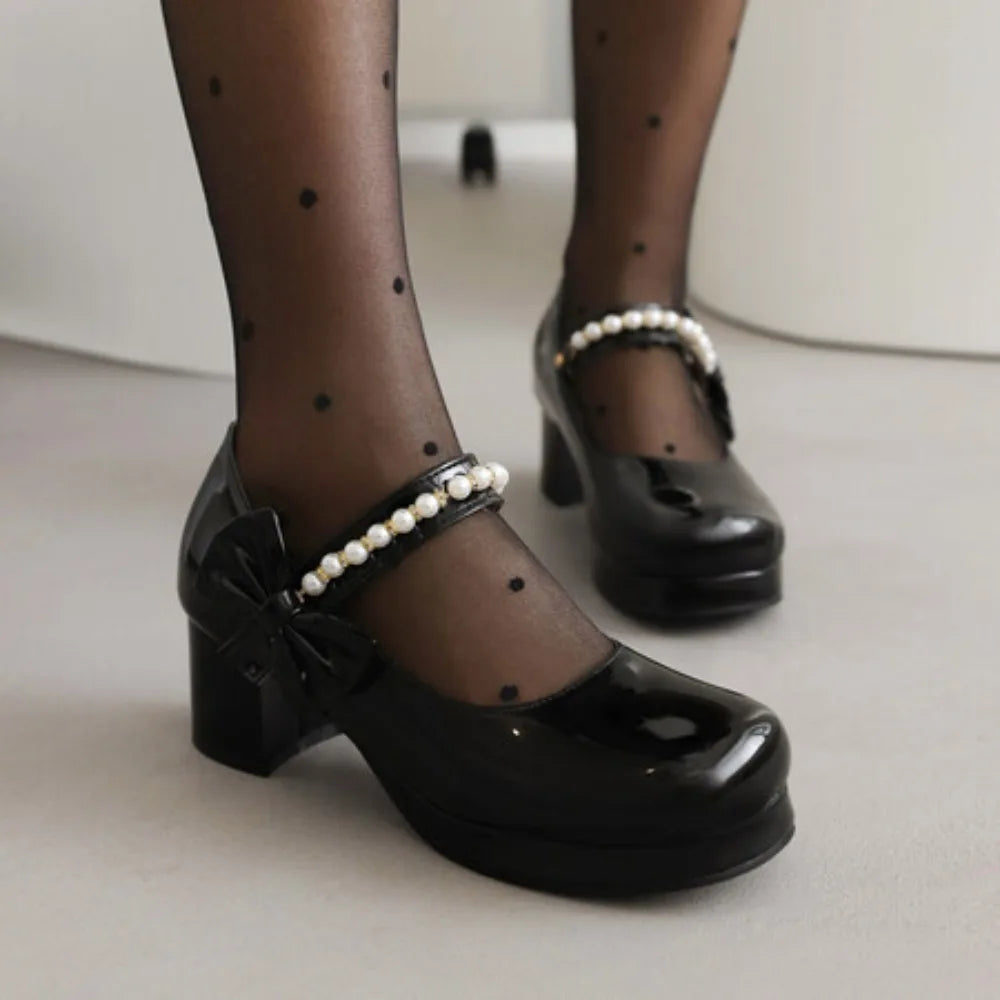 Pearl Beaded High Heels Shoes Ladies Wedding Mary Janes Block Heeled Pumps Woman Hook&Loop Tacones Wedges Escarpins Femme