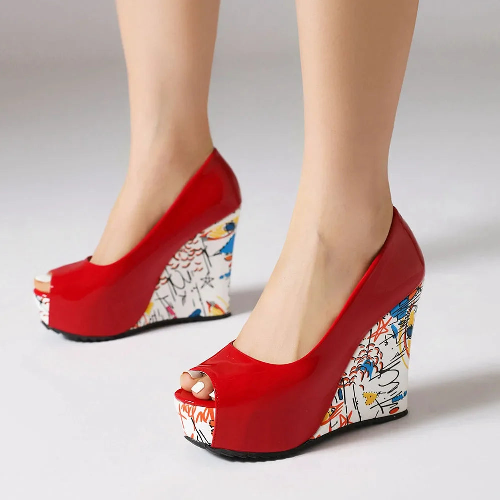 2026 New Big Size 33-43 Summer White Bohemian Graffiti Platform Pumps Slip On Black Red Chunky High Heels Wedges Shoes Women