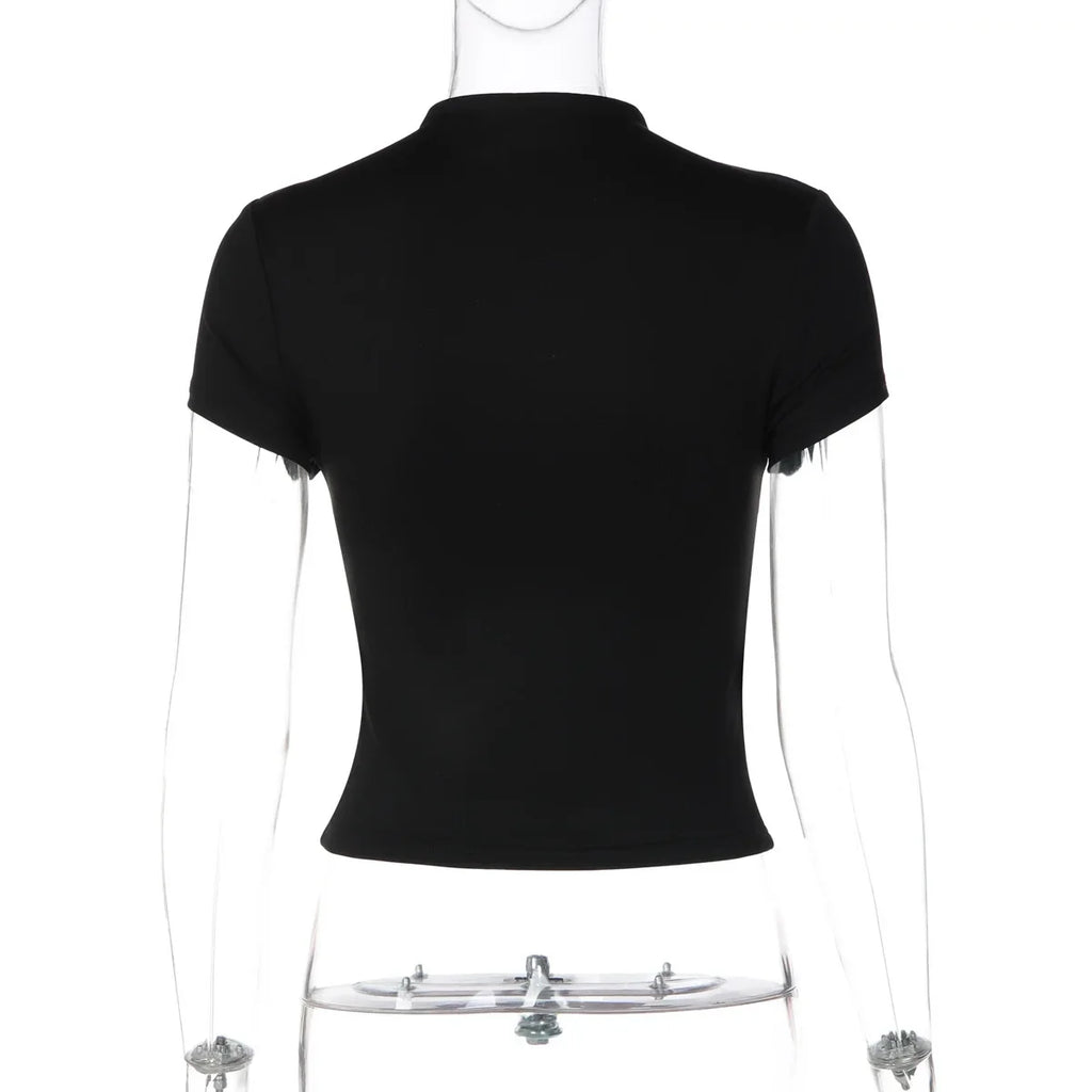 FDYOUI Woman Covered Buttons T-shirts 2026 Summer Short Sleeve Slim Cardigan Tops Ladies Chic Corset Tee Shirt White Black Red