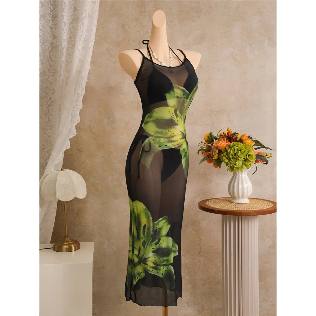 With Floral Dress Printed Halter Bikini Female Swimsuit Women Swimwear Three-pieces Bikini set Bather Bathing Suit Swim V8204
