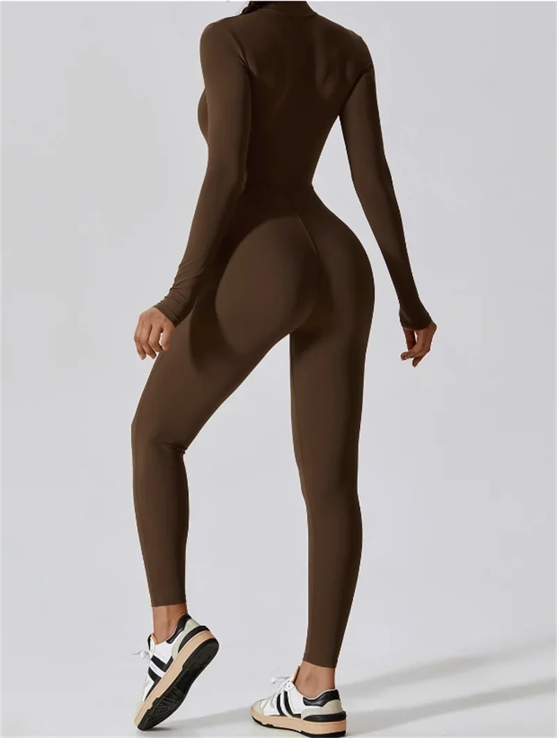 Half zip integrated long yoga jumpsuit solid color sexy long sleeved integrated sportswear for women