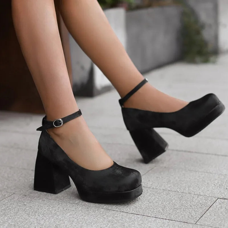 2026 Spring Style Suede Women's Thick-Soled High Heels with Ankle Buckles Women's High Heels Sizes 34 - 48