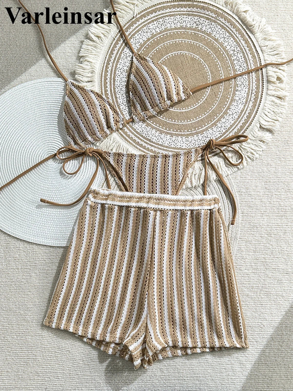 With Shorts Striped Halter Bikini Female Swimsuit Women Swimwear Three-Pieces Bikini Set Padded Bather Bathing Suit Swim V7159