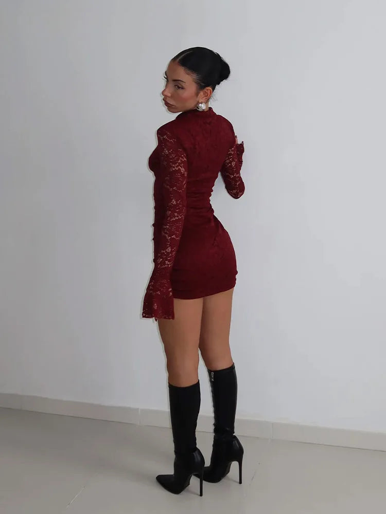 Ahagaga Sexy Lace Women's Mini Dresses Solid Sheer Hollow Out Turtleneck Long Flare Sleeves Sheath Bodycon Streetwear Vestidos