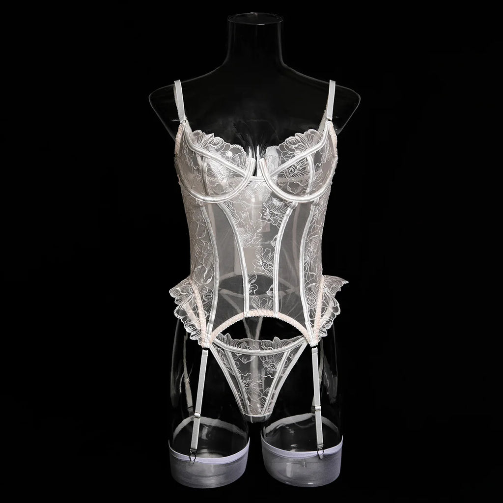 Embroidered flower underwear, sexy three-point mesh fishbone body shaping sexy suit with stockings