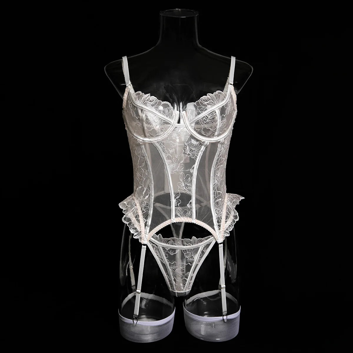 Embroidered flower underwear, sexy three-point mesh fishbone body shaping sexy suit with stockings