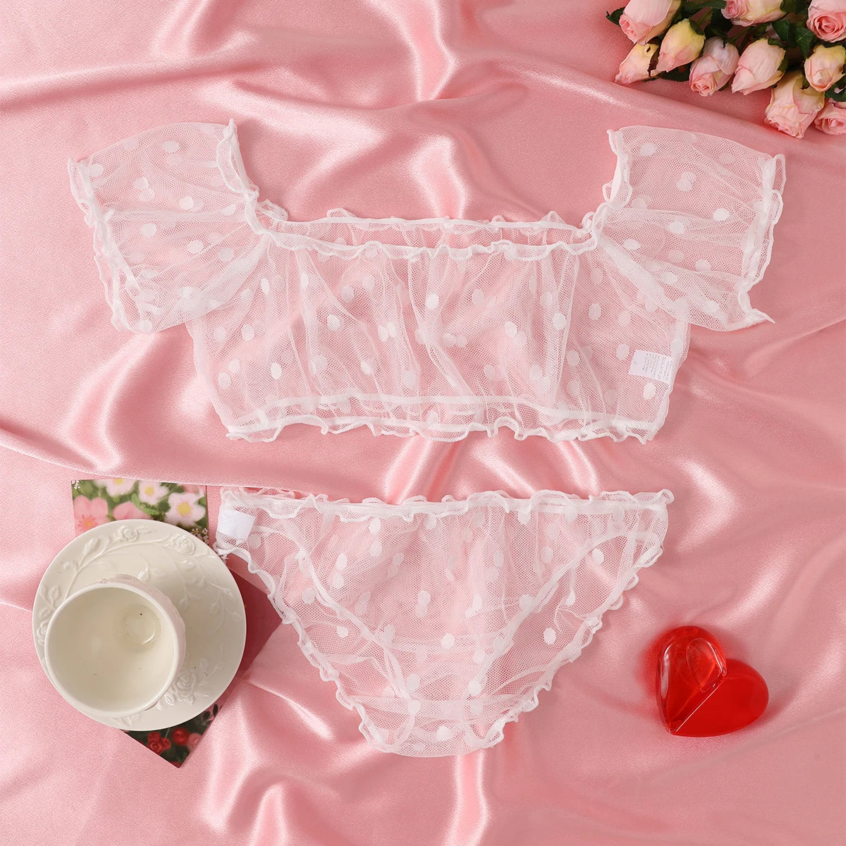 Women 2-Piece Lingerie Dot Embroidery Mesh Fancy Outfit Romantic Underwear Set Bra And Panty Sets