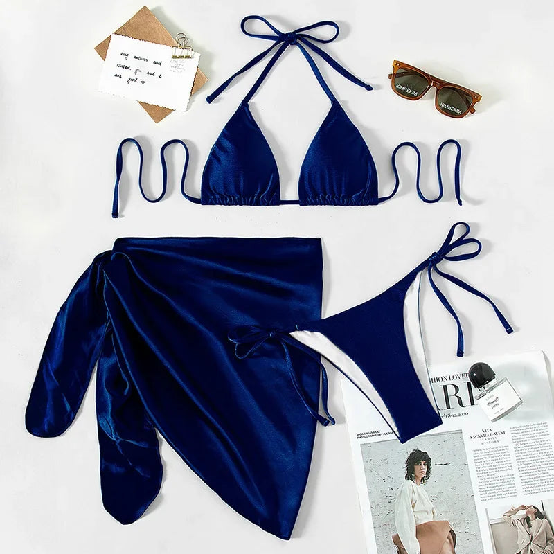 3pcs Halter with Skirt Sarong Satin Bikini Women Swimwear Female Swimsuit Three-pieces Bikini Set Micro Bather Bathing Suit Swim