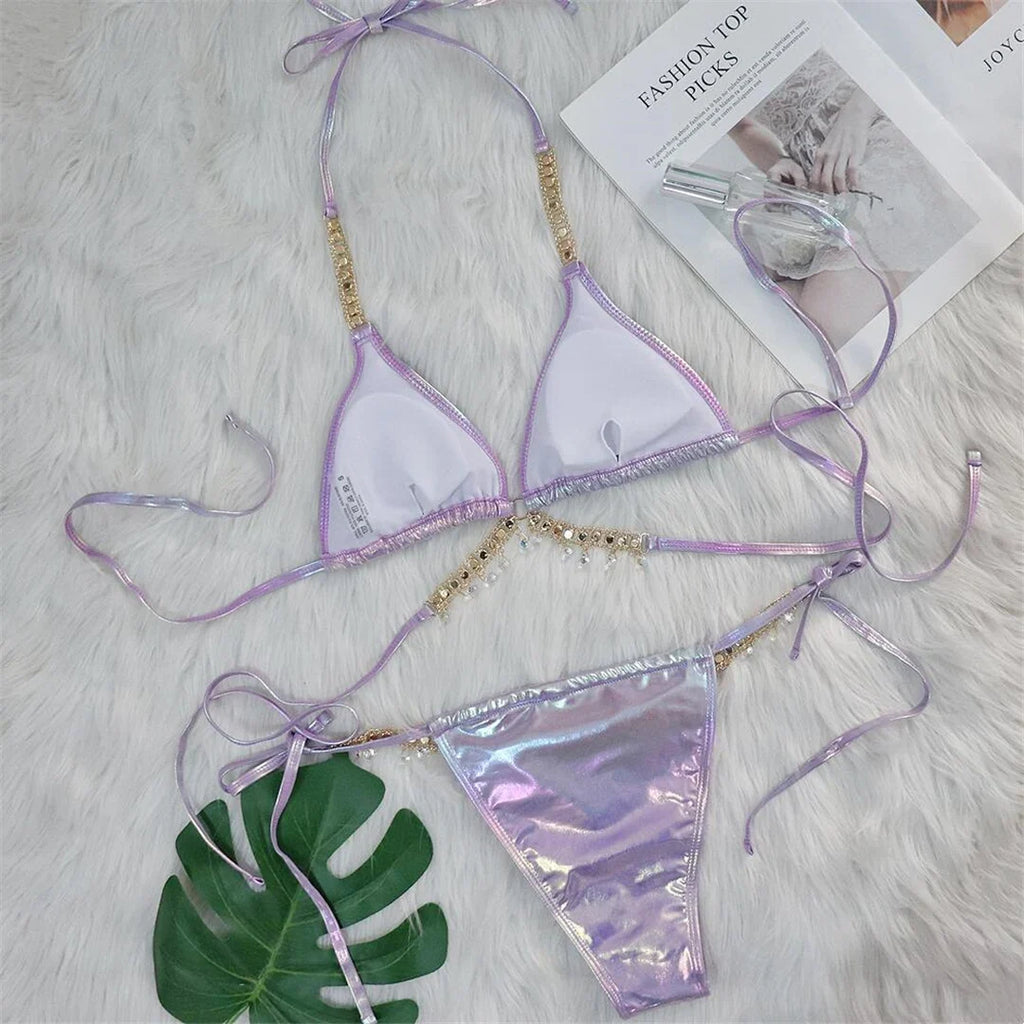 Diamond Rhinestones PU Faux Leather Bikini Female Swimsuit Women Swimwear Two-pieces Bikini Set Bather Bathing Suit Swim V5131