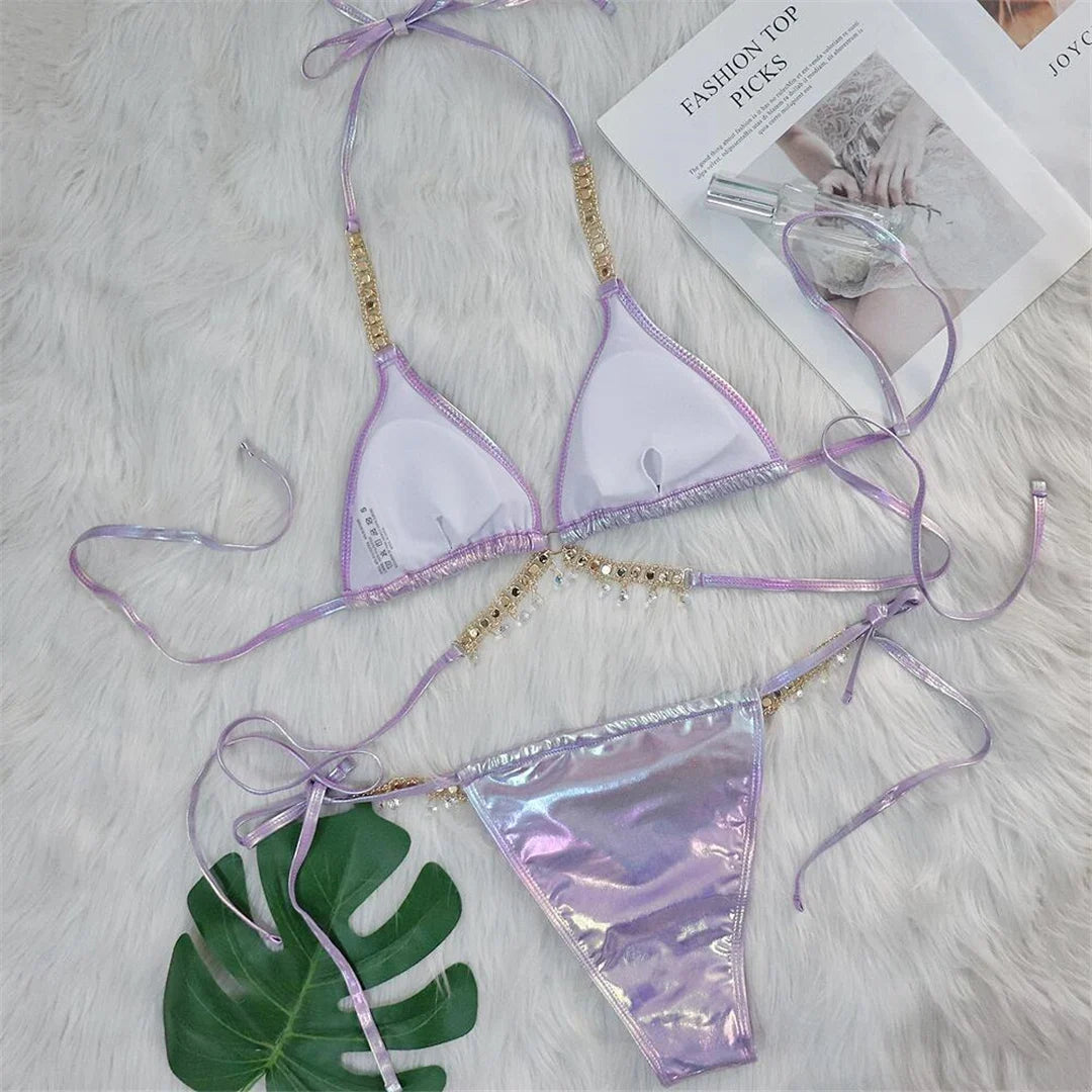 Diamond Rhinestones PU Faux Leather Bikini Female Swimsuit Women Swimwear Two-pieces Bikini Set Bather Bathing Suit Swim V5131