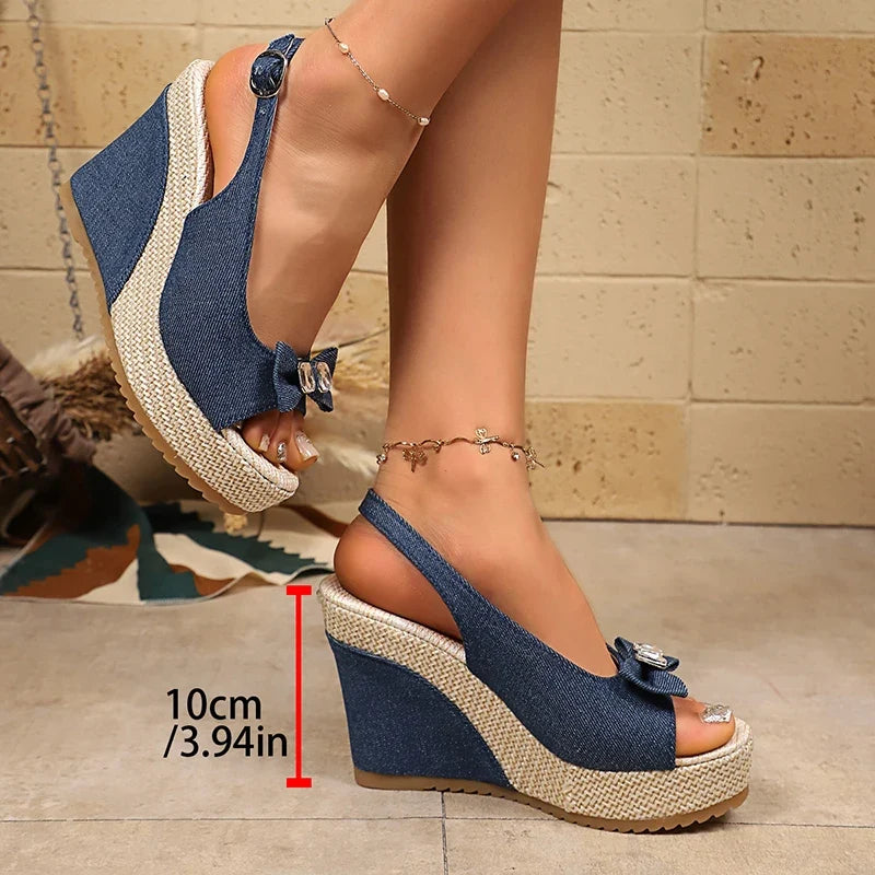 Retro Denim Wedge Heeled Sandals Women Plus Size 43 Bowknot Chunky Platform Sandalias Mujer Back Strap Thick Sole Summer Sandles