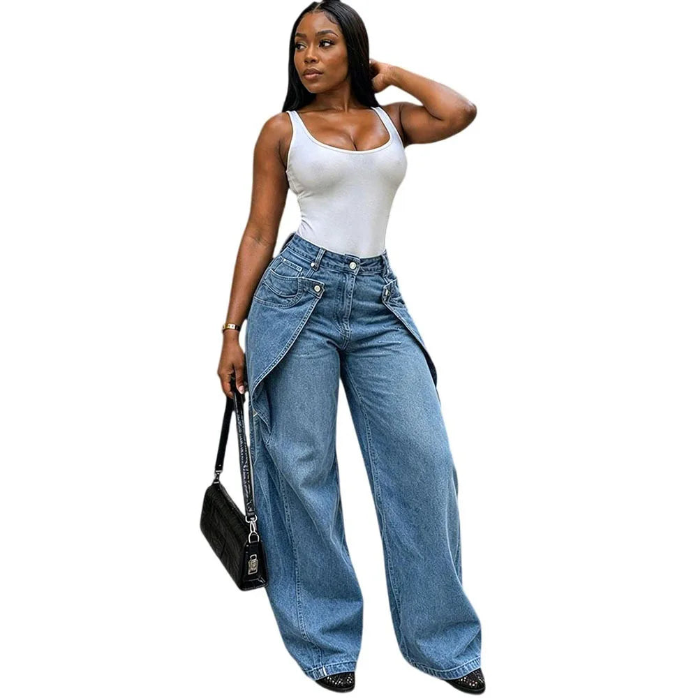 European and American style casual jeans street fashion staggered button design straight leg