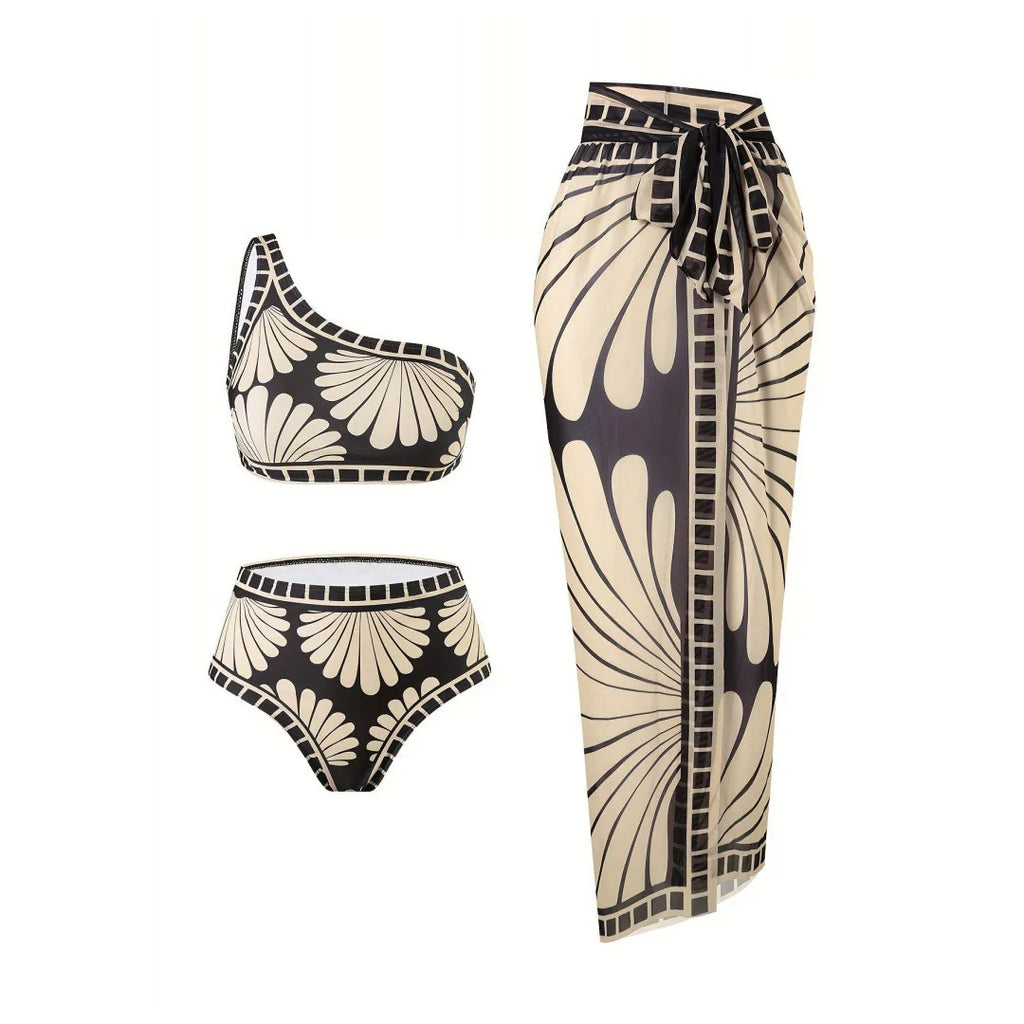 S - XXL Printed Sarong Female Swimsuit High Waist Bikini Women Swimwear Three-pieces Bikini set Bather Bathing Suit Swim V8212