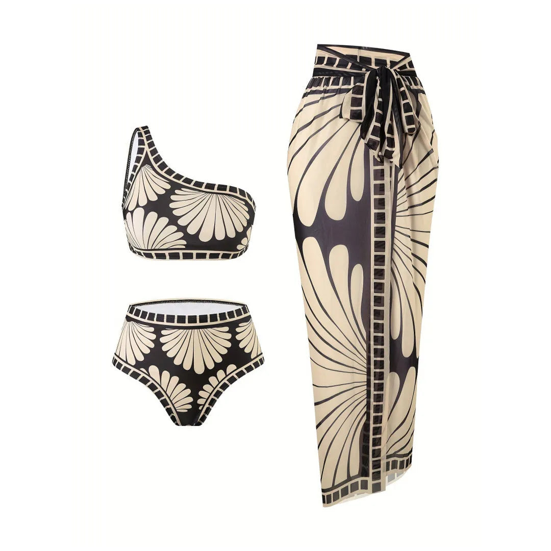 S - XXL Printed Sarong Female Swimsuit High Waist Bikini Women Swimwear Three-pieces Bikini set Bather Bathing Suit Swim V8212