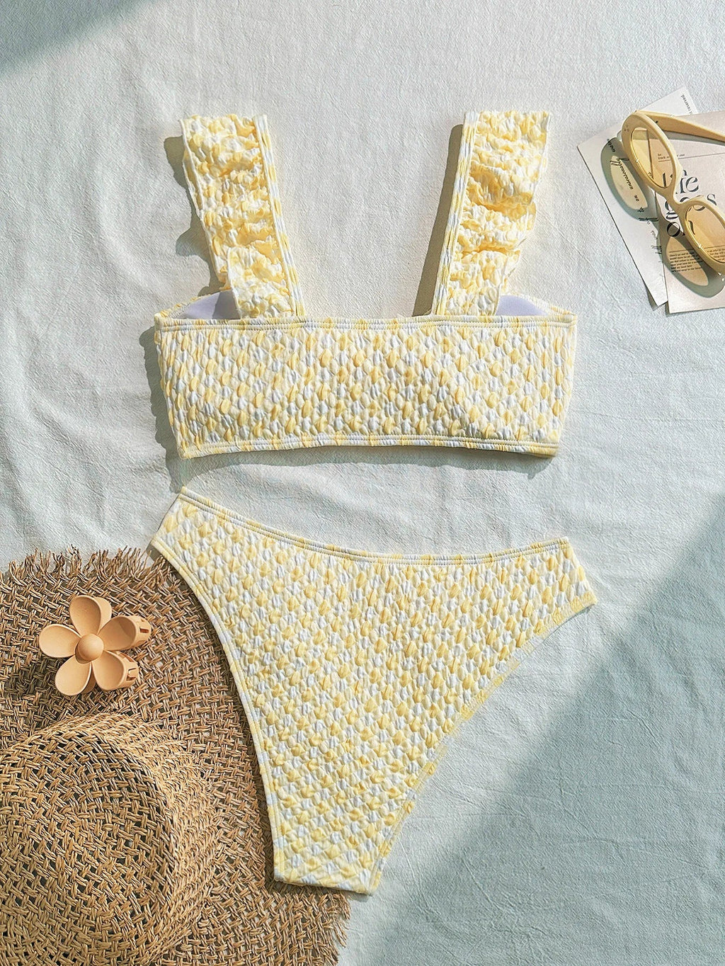 sexy yellow patchwork wrinkled bow ruffles bikinis sets two pieces women thong swimsuit female bathing suit swimwear biquini