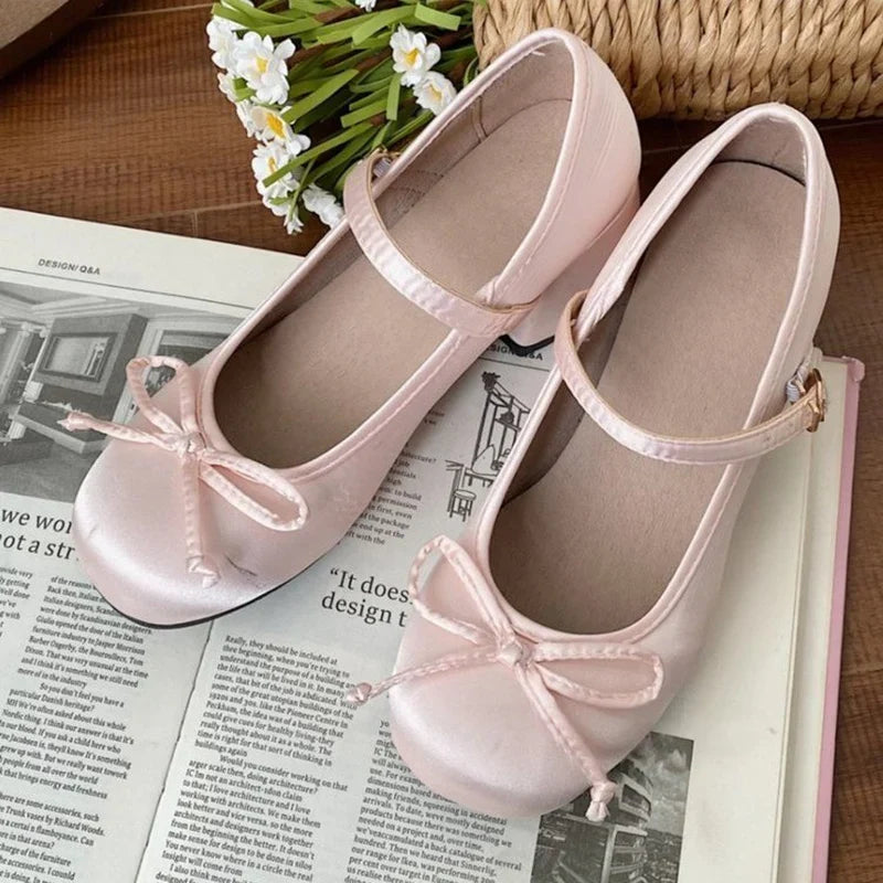 2025 spring cute sweet Bowknot Mary Janes for Women  vintage Silk Med Heels  pumps Ladies  Banquet Wedding Single Shoes Mujer