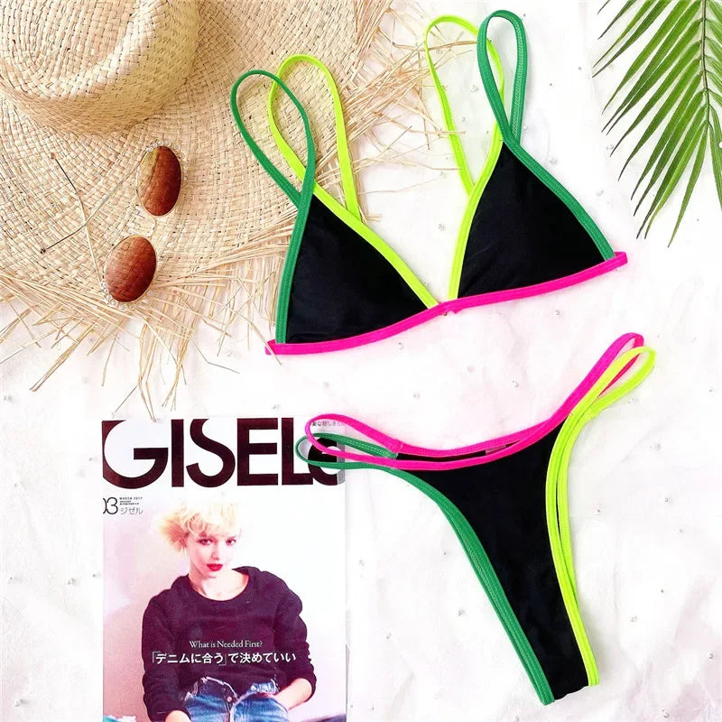 Splicing Brazilian Mini Thong Bikini Female Swimsuit Women Swimwear Two-pieces Bikini set High Cut Bather Bathing Suit Swim Lady
