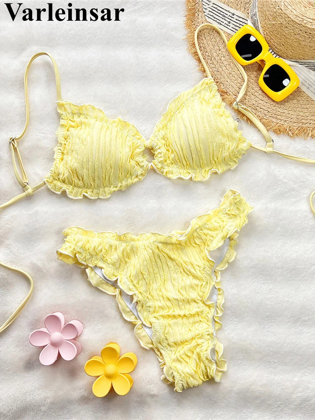 Wrinkled Crinkled Frilled Bikini Female Swimsuit Women Swimwear Two-pieces Bikini set Brazilian Bather Bathing Suit Swim V8053
