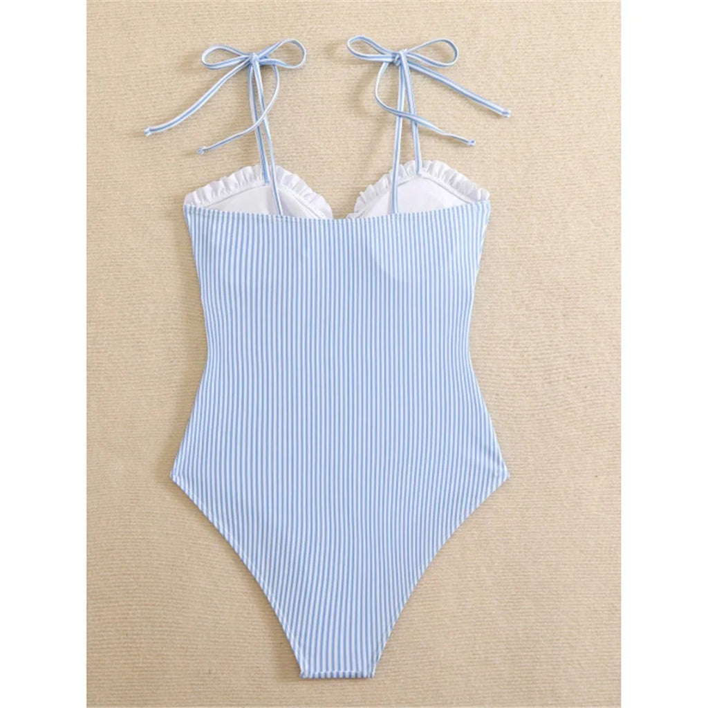 S - XL New Sexy Striped Frilled Strappy Women Swimwear One Piece Swimsuit Female Monokini Padded Bather Bathing Suit Swim V6949