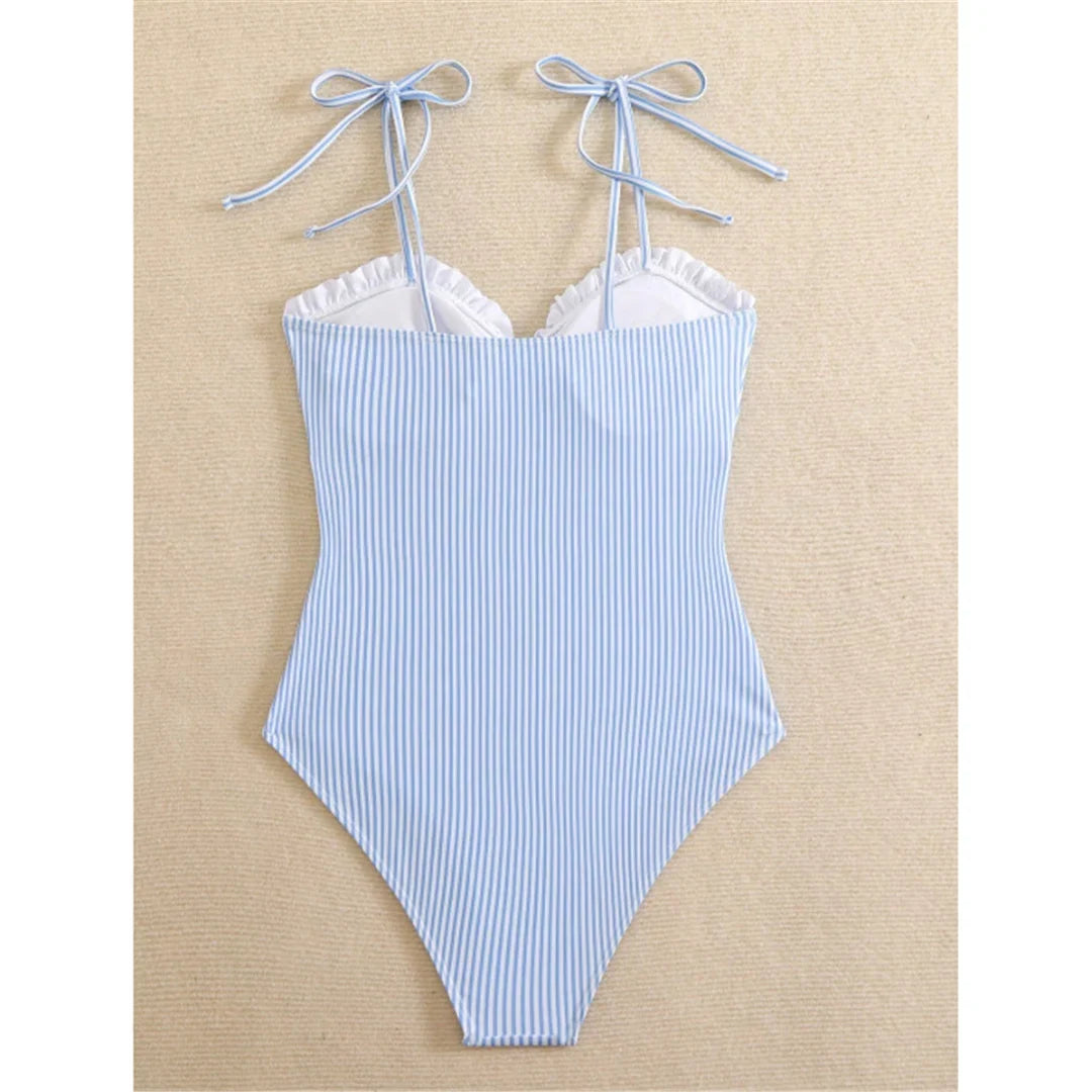 S - XL New Sexy Striped Frilled Strappy Women Swimwear One Piece Swimsuit Female Monokini Padded Bather Bathing Suit Swim V6949
