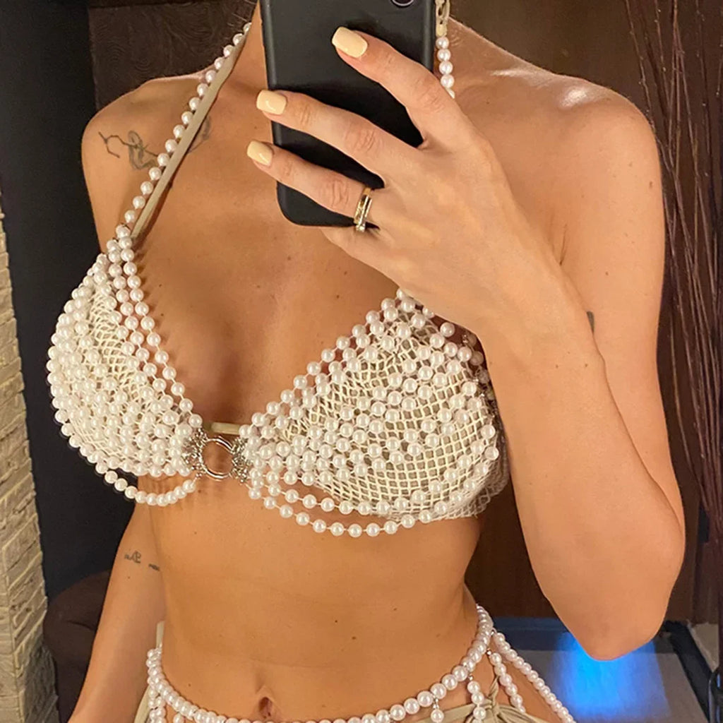 Luxury Pearls Halter Hollow Out See Through Bikini Top Female Swimsuit Women Swimwear Bather Bathing Suit Swim Beach Top V5409