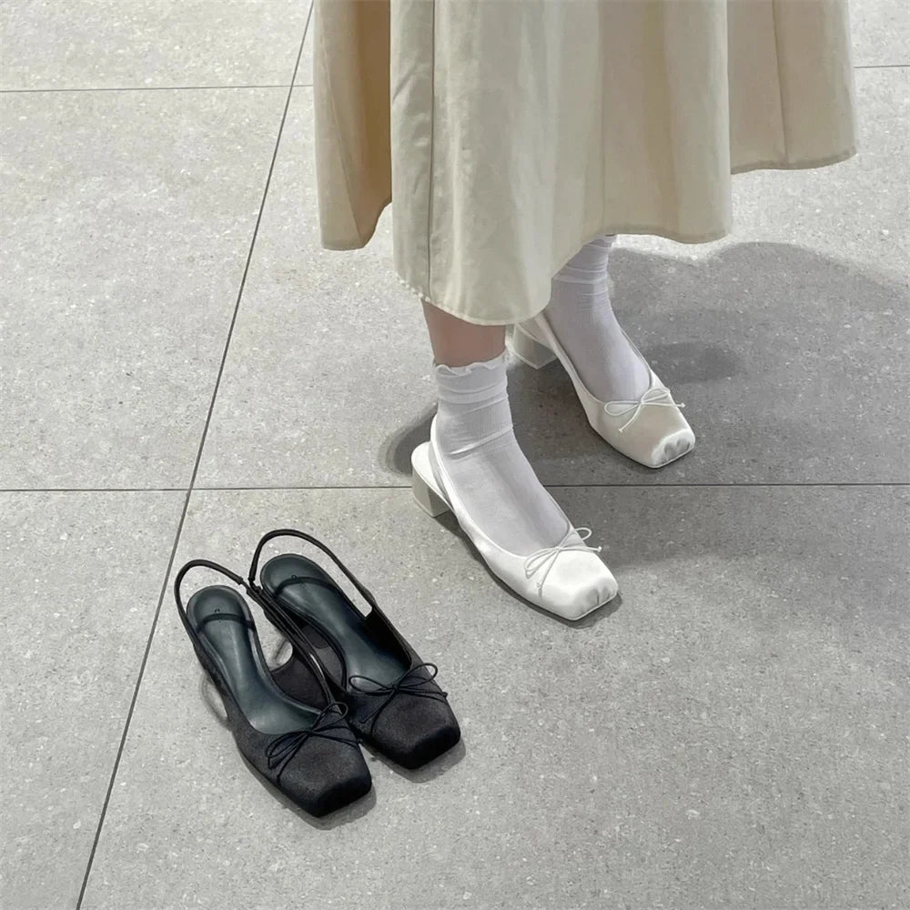 Big Size 43 Satin Mini Bow Slingback Block Heel Sandals Women Square Toe Elastic Strap Sweet Satin Mary Jane Shoes