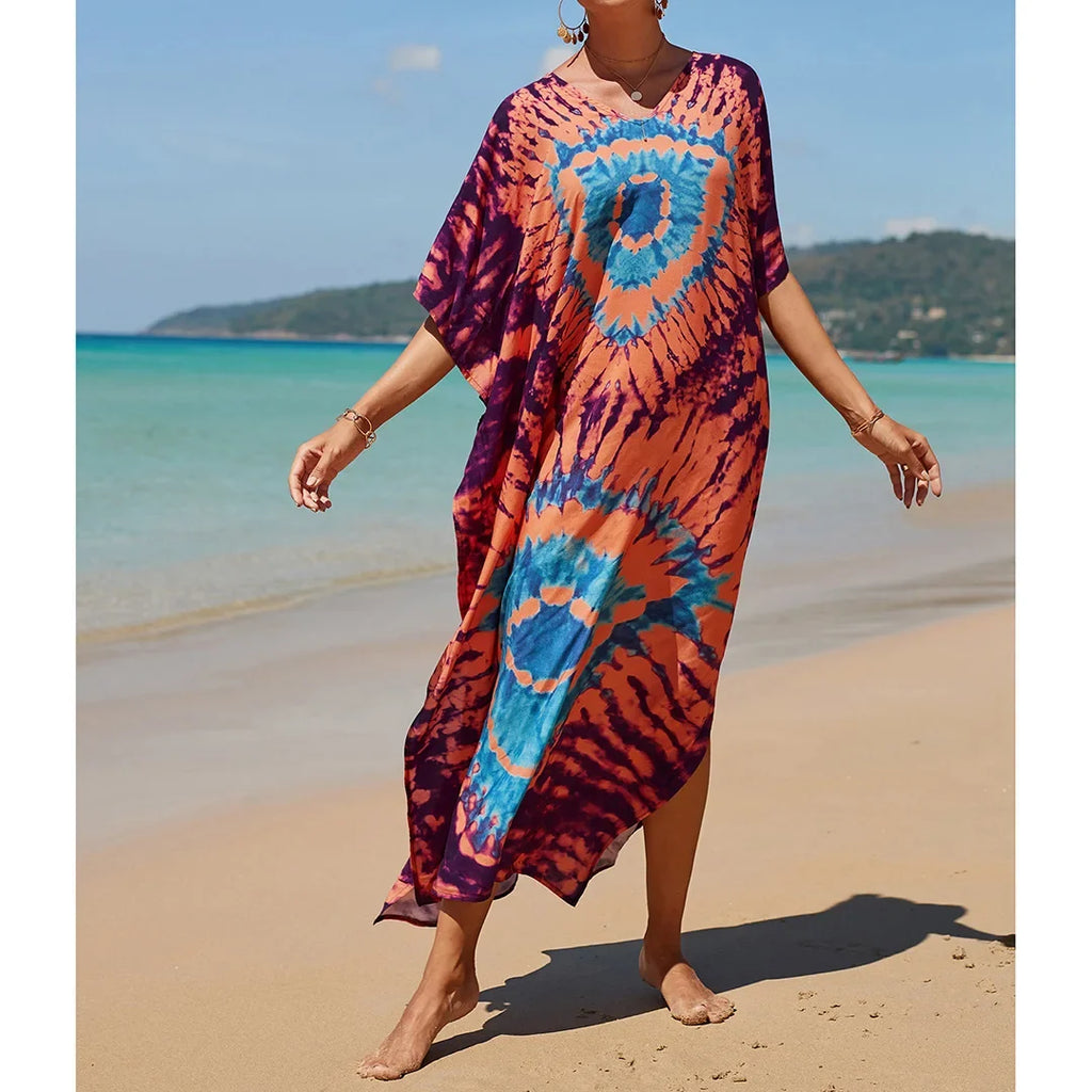 2026 New Colorful Kaftan Tunic Beach Dress Beach Wear Beachwear Beach Cover Up Cover-upsLoose Maxi Dress Female Women V4428