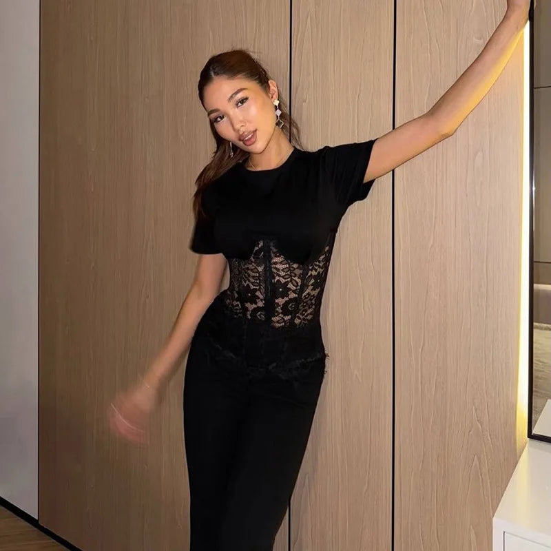 FDYOUI Woman Clothing Lace Patchwork Corset T-shirt 2026 Elegant Sexy Short Sleeve See-through Black Tops Y2K Girls T-shirts