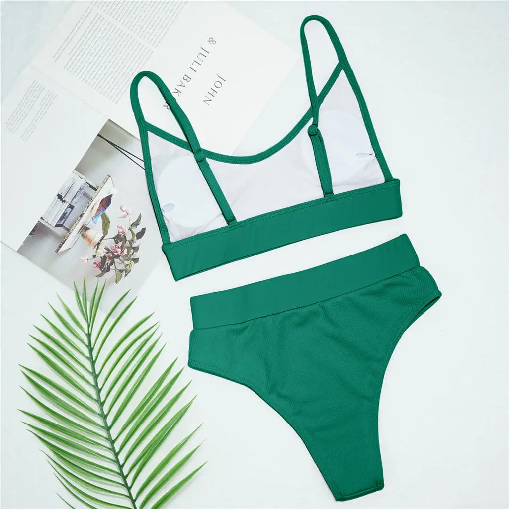 S - XL Sexy Female Swimsuit High Waist Bikini Women Swimwear Two-Pieces Bikini Set Bather Ribbed Bathing Suit Swim Lady V2375