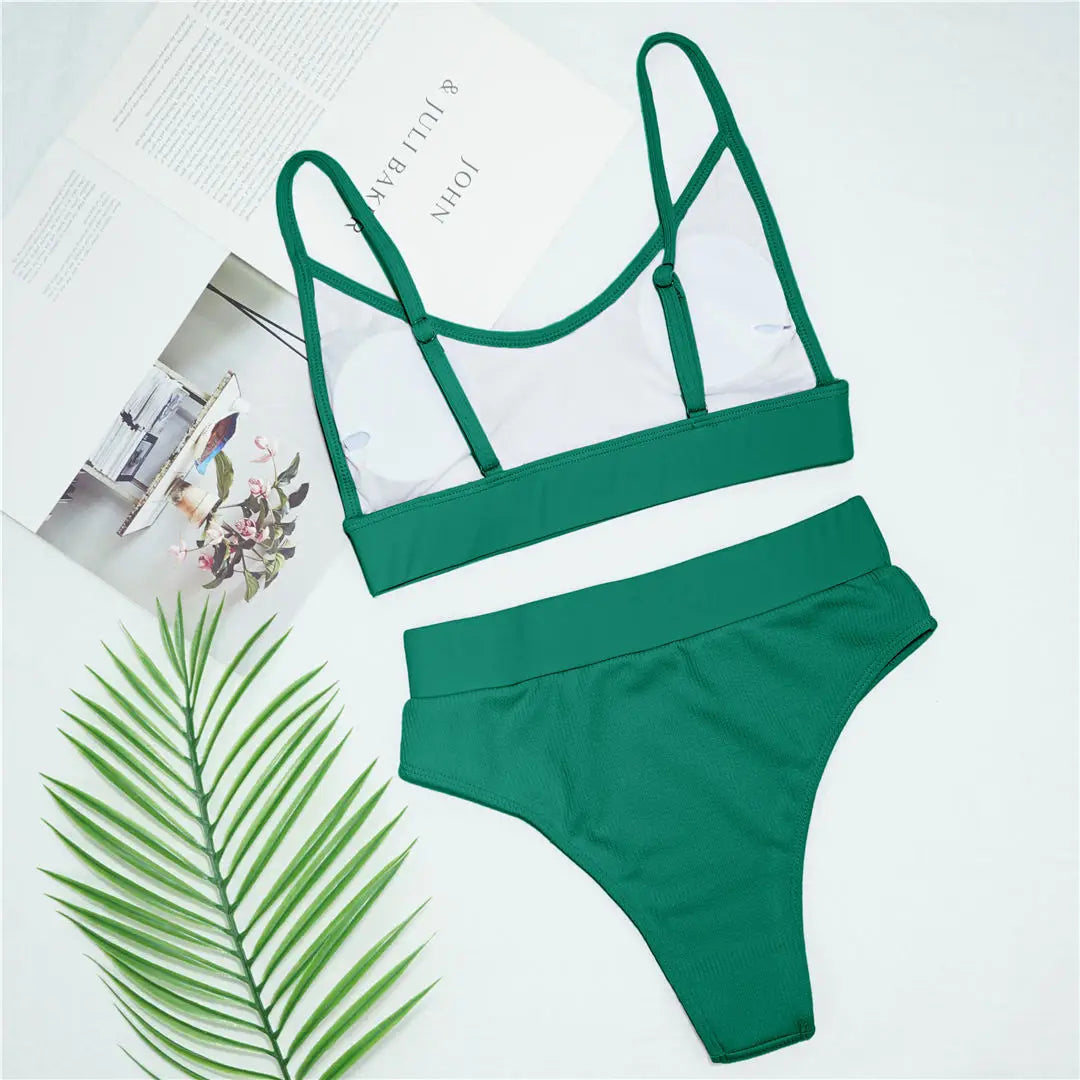 S - XL Sexy Female Swimsuit High Waist Bikini Women Swimwear Two-Pieces Bikini Set Bather Ribbed Bathing Suit Swim Lady V2375