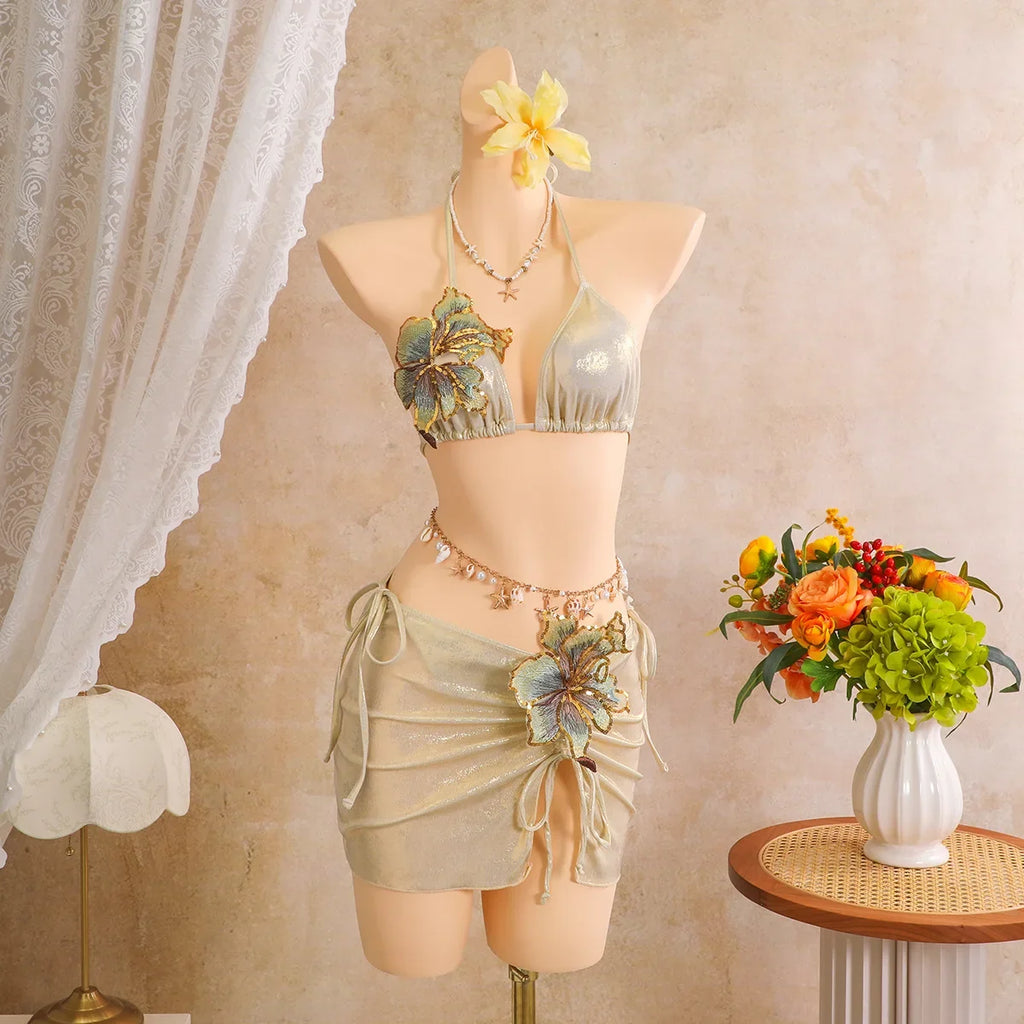 Women embroidery flower glitter metallic bikinis sets 3pcs with split mini skirt swimsuit bathing suit beach outfits biquini