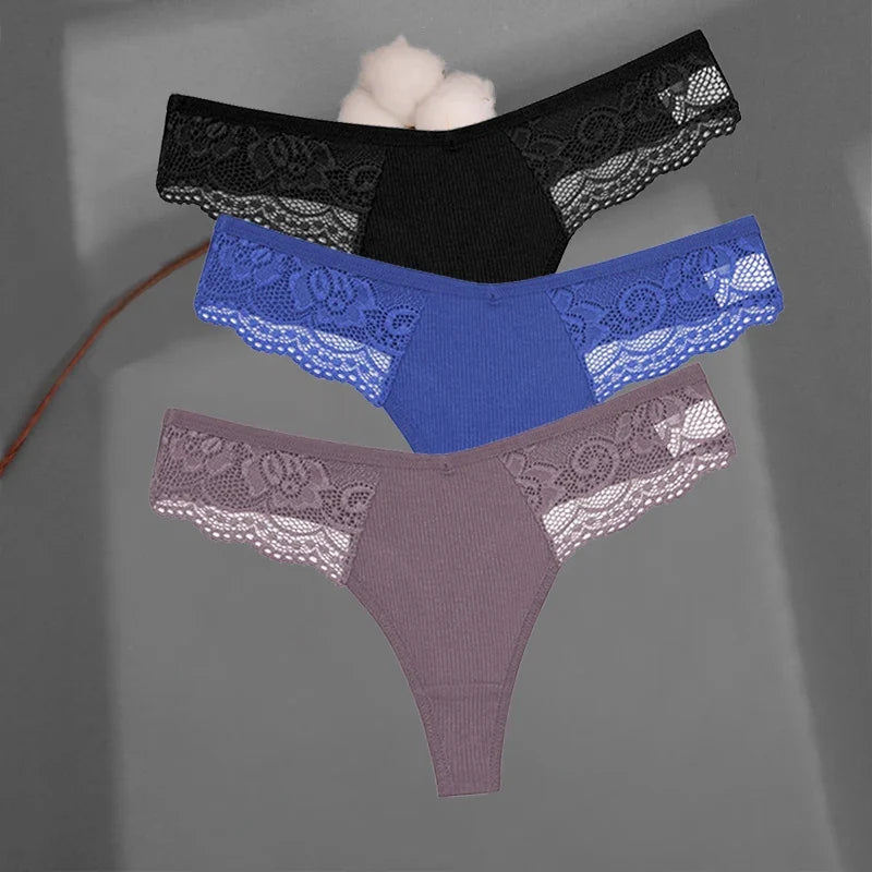 3Pcs/set Cotton Thongs Lace Bikini Underpants Women S-XL T-Back Underwear Ladies G-string Soft Thong Panties Female Lingerie New