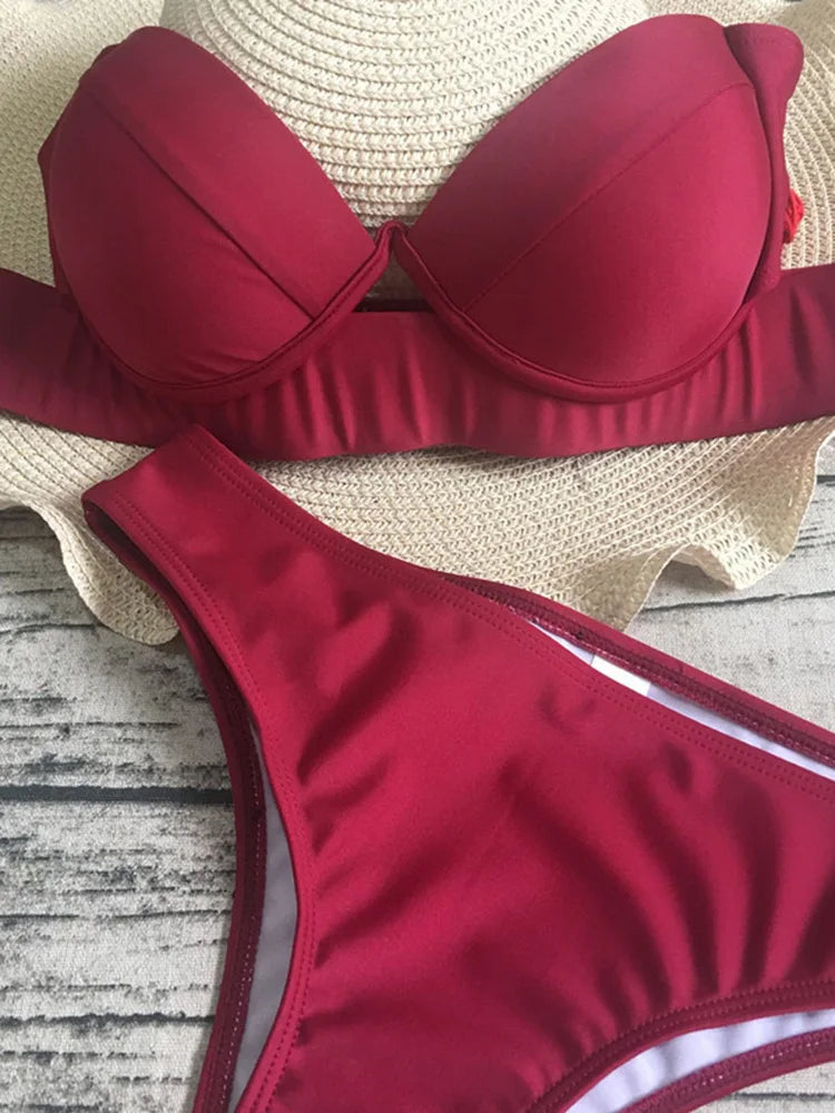 Neon Green Push Up Bra Cup Bikini Women Bandeau Swimsuit Female Swimwear Two Pieces Bikini Set Brazilian Bathing Suit Swim Lady