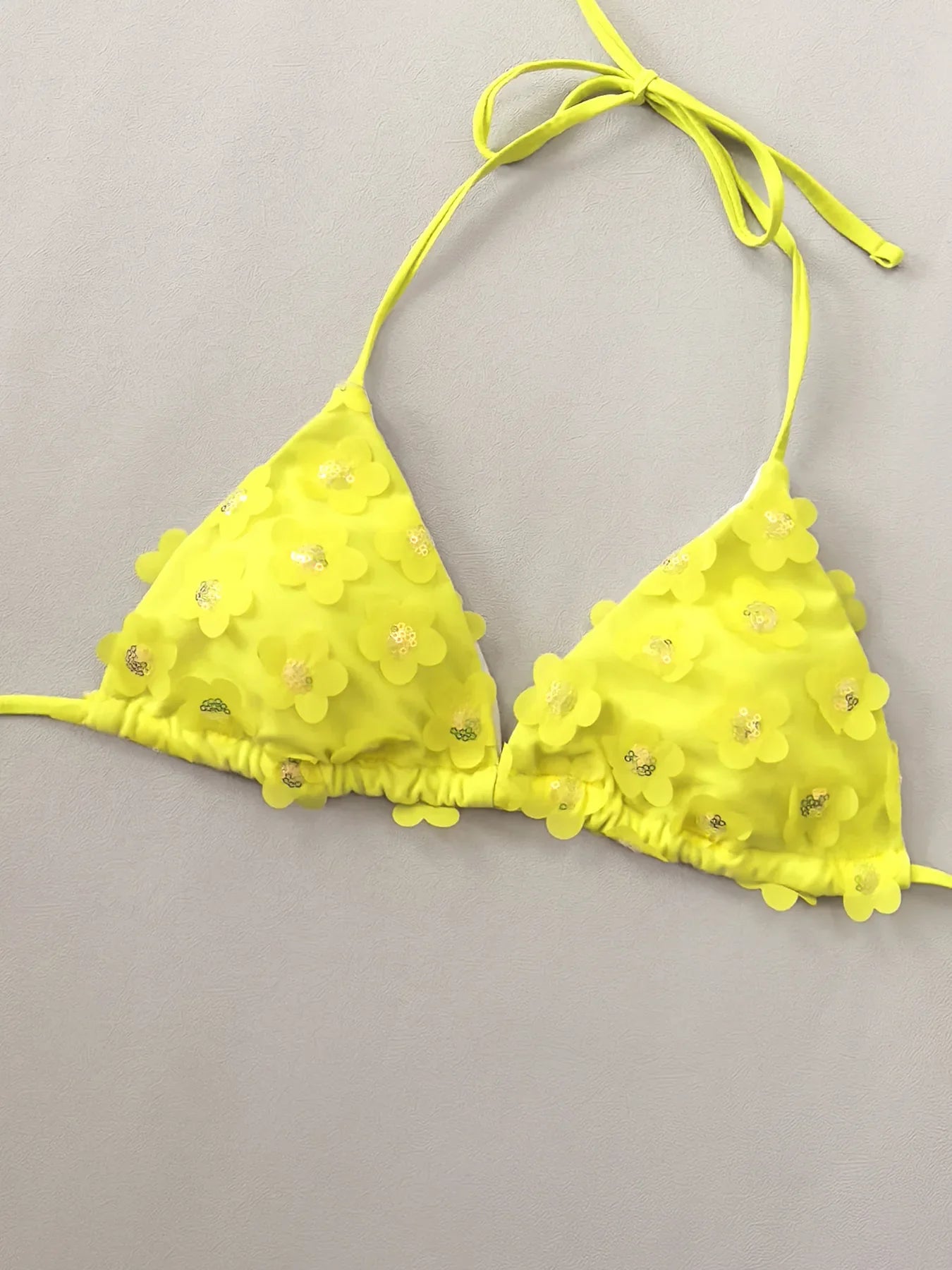 Women Yellow flower Bikinis Sets Three Pieces with Perspective Mesh Cover Skirt Halter String Swimsuit Bathing Suit Biquini