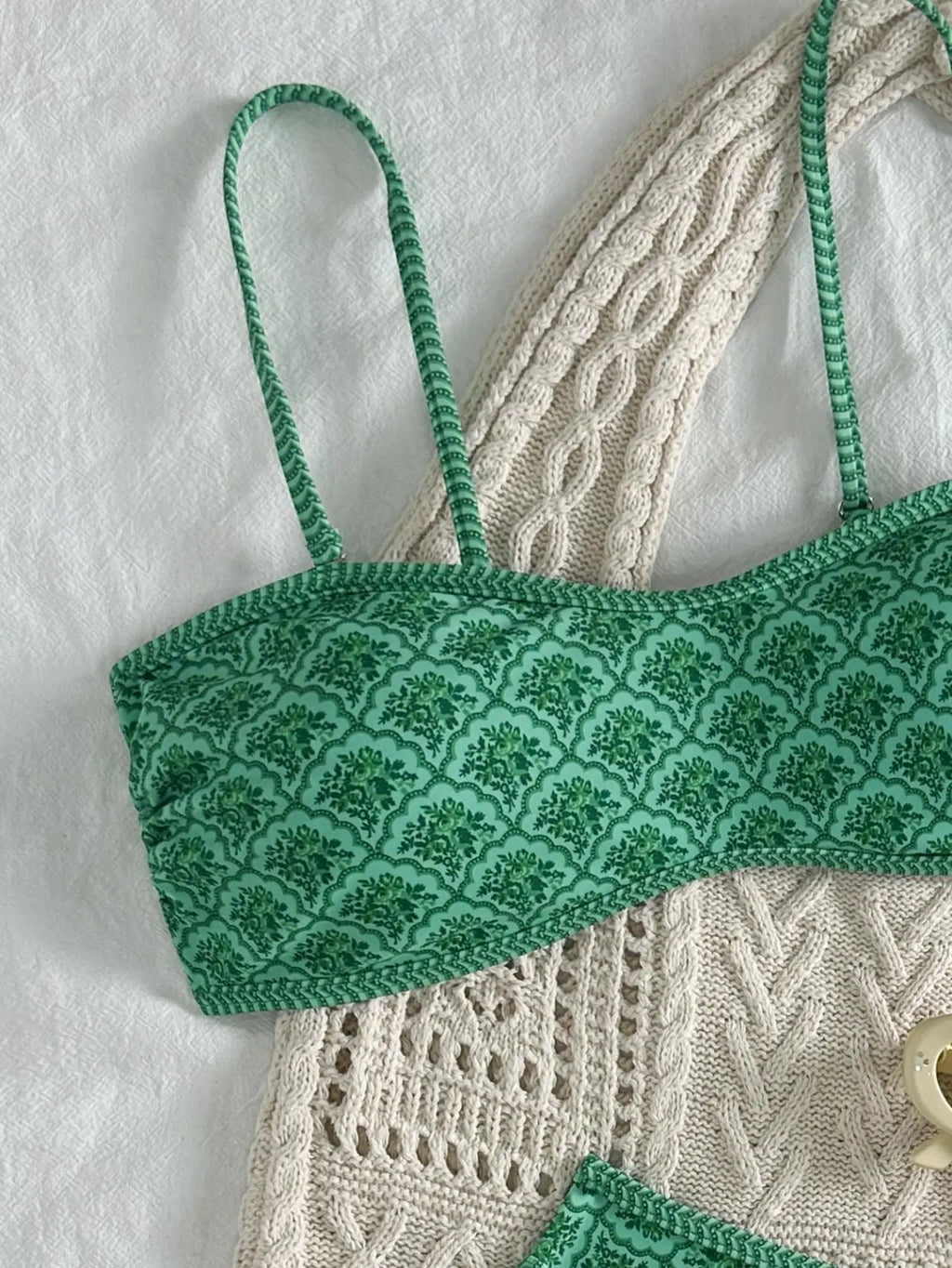 Sexy Bandeau Bikini 2026 Women Green Floral Pleate Push Up Padded Thong Swimsuit Summer Bathing Suit Two Piece Swimwear Biquini