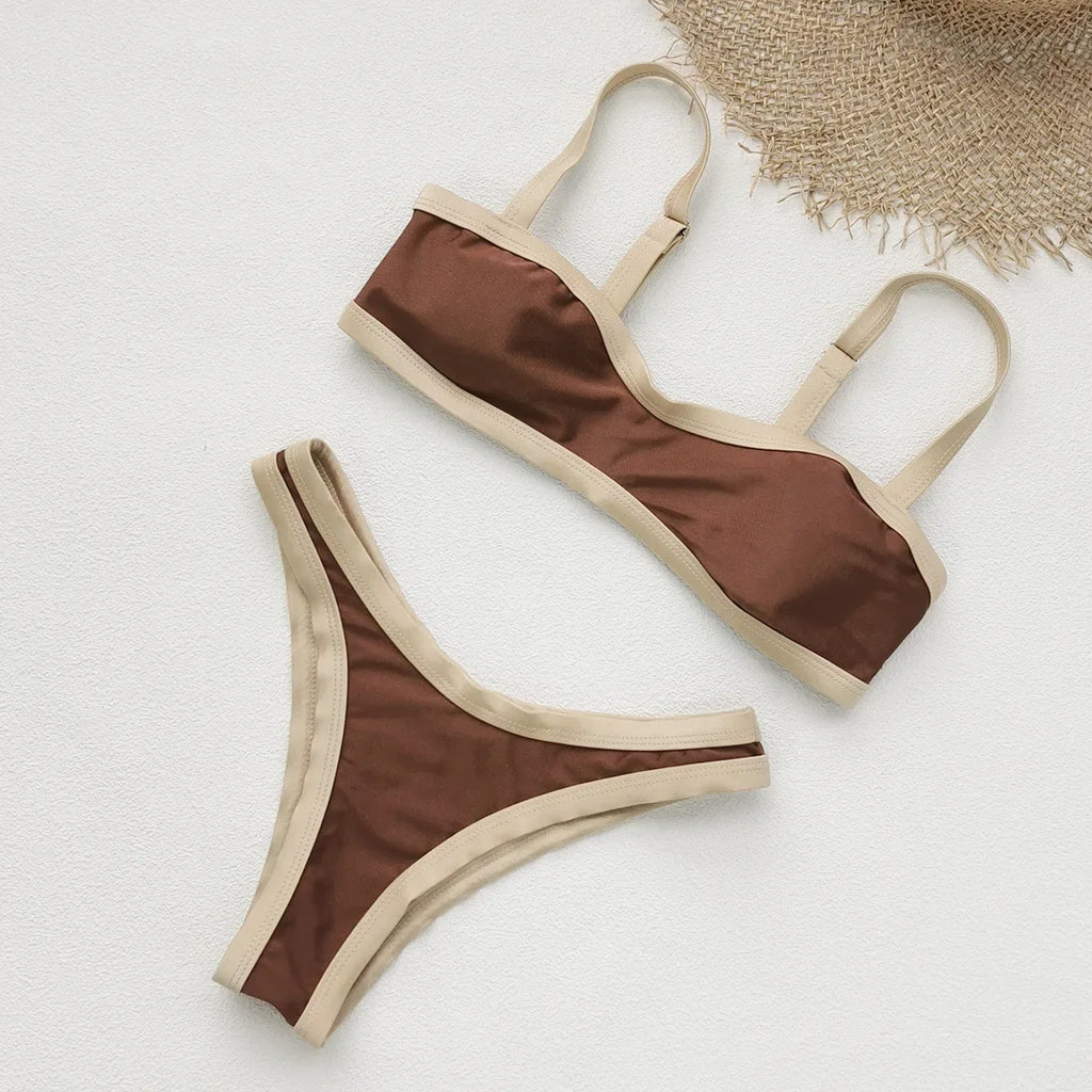 Sexy Coffee Patchwork Bikini Set 2026 Women Halter Push Up Bra Thong Swimsuit Brazilian Bathers Bathing Suit Micro Swimwear