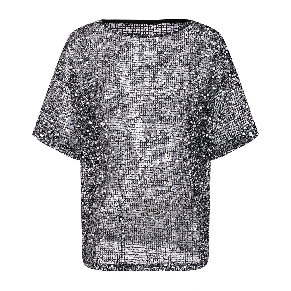 Summer Women's Fishnet T-shirt Casual Loose Fit Stylish Solid Color See Through Sequined Crew Neck Elbow Sleeve Tops