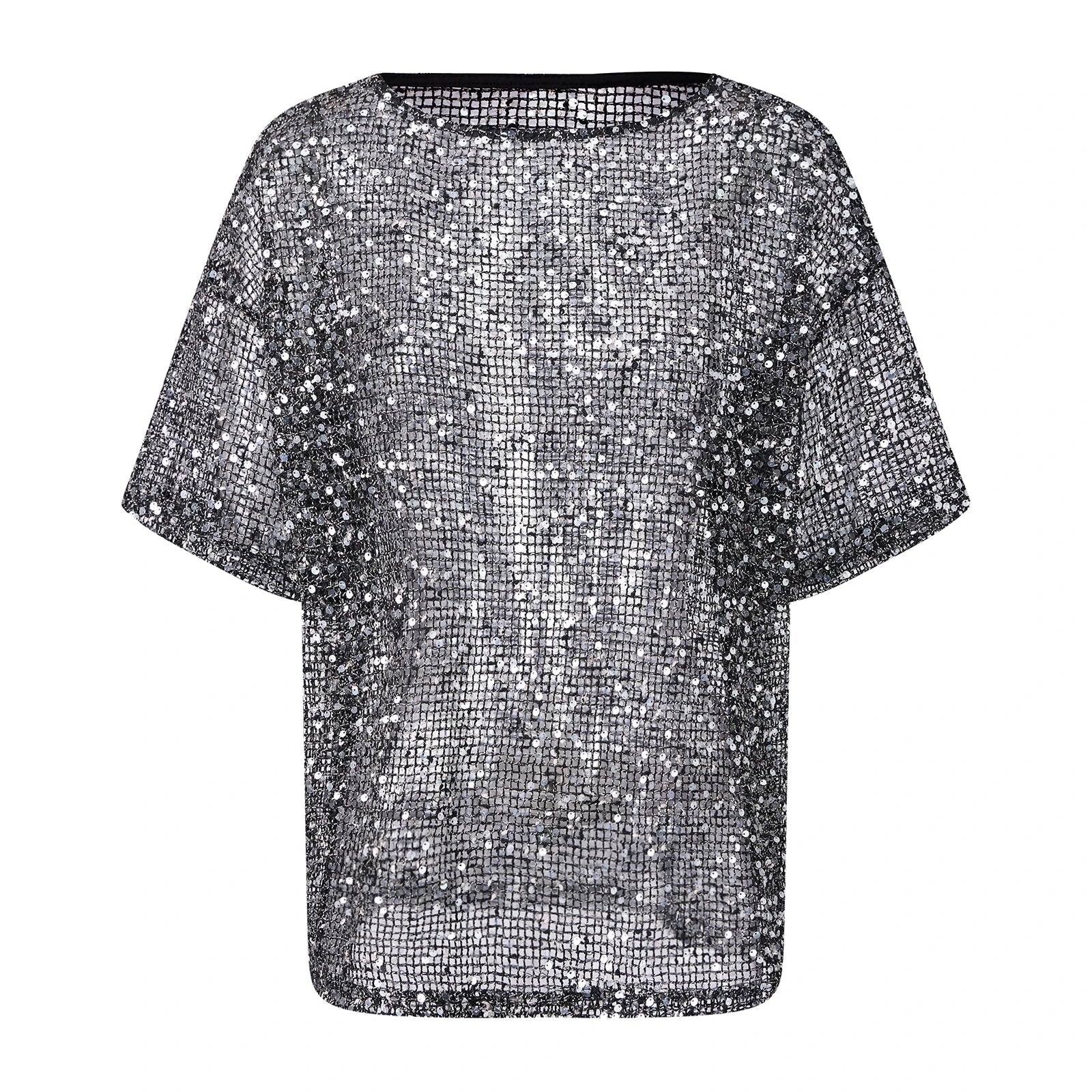 Summer Women's Fishnet T-shirt Casual Loose Fit Stylish Solid Color See Through Sequined Crew Neck Elbow Sleeve Tops