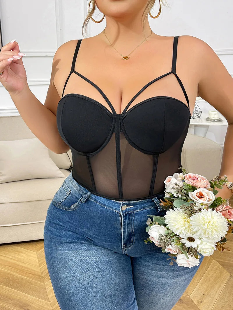 New Plus Size Camisole Fishbone Bra Sexy Black Patchwork Lace Bra Transparent Backless Deep V Suspenders Sleeveless Elegant TNCE