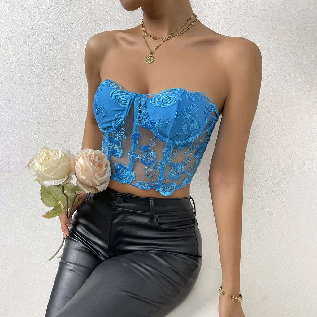 Phantasy Sexy Lace See through Crop Top Women Fashion Floral Embroidery Black Tank Top Night club Dress up 2026 Summer Outfit