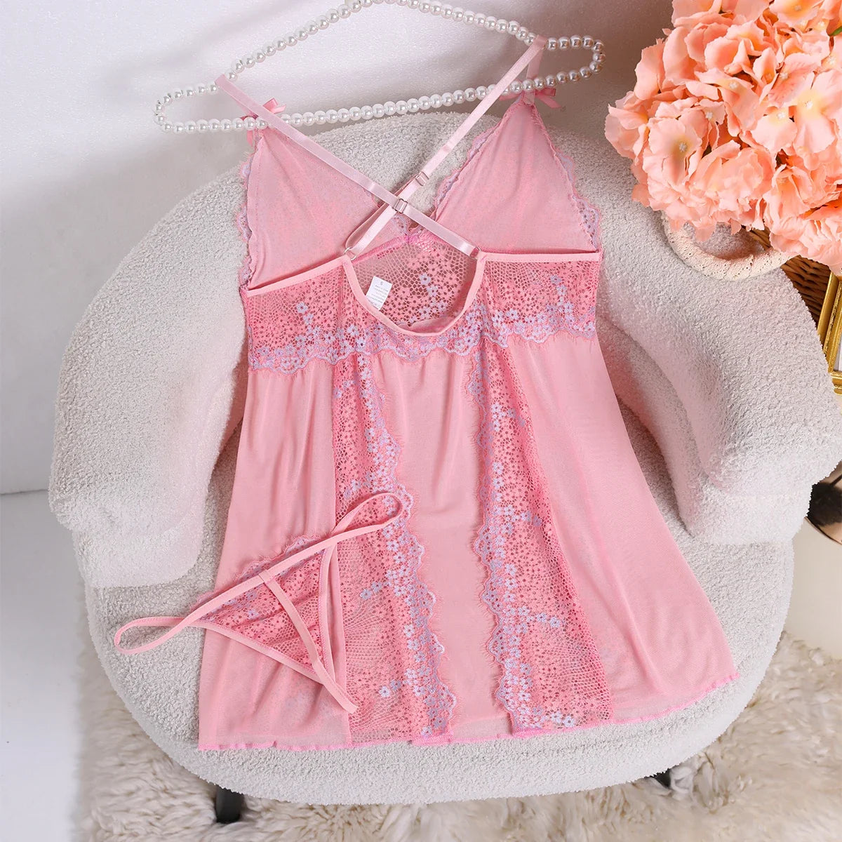 New Flowers Lace Vulgar Nightdress Casual Deep V Neck Spaghetti Strap Sleep Dress Women Sleepwear Dresses Sexy Lingerie Babydoll