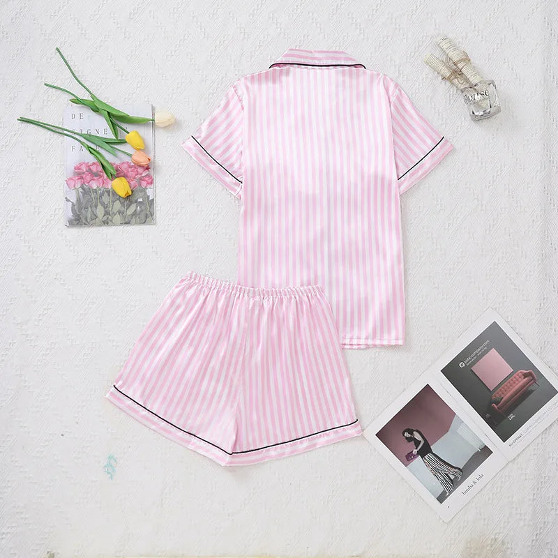 Women Pink Striped Satin Silk Pajamas Set Short-Sleeved V-neck Top and Shorts High Grade Ladies Sleepwear Loungewear