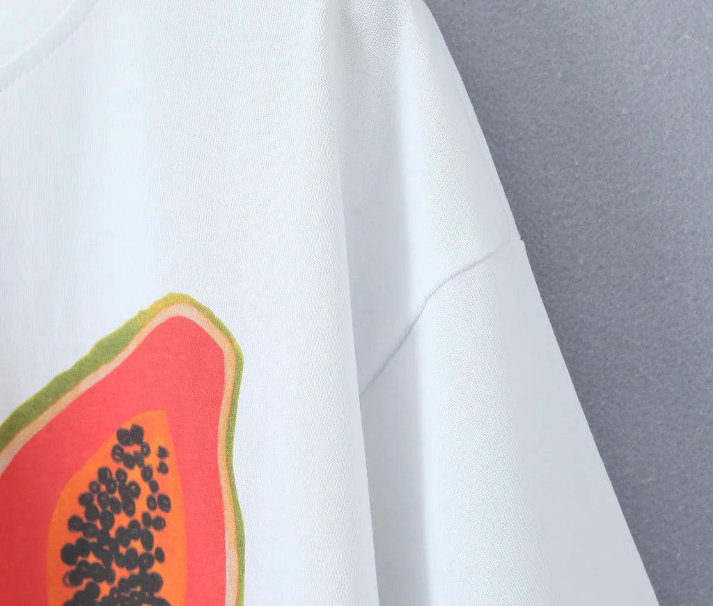 Foridol Papaya Print Fruit T-shirt Women Summer Loose Casual Shirts Blusa Half Sleeve White Spring Summer Shirt 2025 Blouse